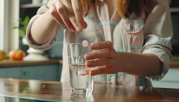 Foto vrouw die een bruisende tablet in een glas water stopt