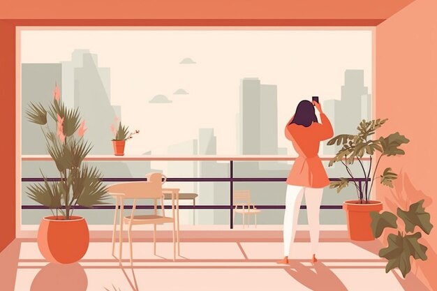 vrouw die een foto maakt van een stad vanaf een balkon met een telefoon generatieve ai