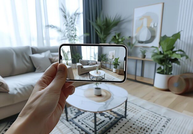 Vrouw die een foto maakt van het interieur van een moderne woonkamer met een close-up van een smartphone