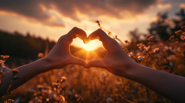 Vrouw die een hart vormt met haar handen bij zonsondergang