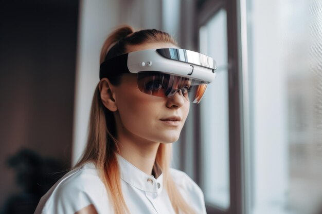 Vrouw die een headset gebruikt voor augmented reality gemaakt met generatieve AI