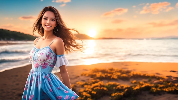 vrouw die een jurk draagt op het strand prachtige compositie pho-afbeeldingen met gegenereerde ai