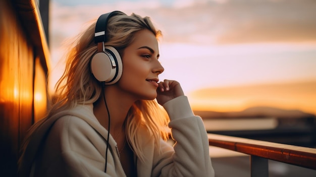 Vrouw die een koptelefoon draagt en naar muziek luistert terwijl ze frisse lucht inademt, ontspannen zittend op een bankje in de winter op het strand