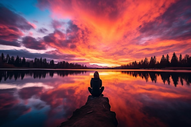 Vrouw die een levendige zonsondergang over het serene meer observeert Generatieve AI