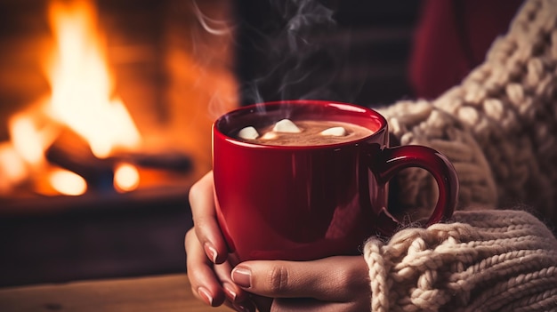 Vrouw die een mok warme chocolademelk of koffie in handen houdt bij de kerstopen haard Vrouw ontspant bij warm vuur met een kop warme drank Winter Kerstvakantie concept