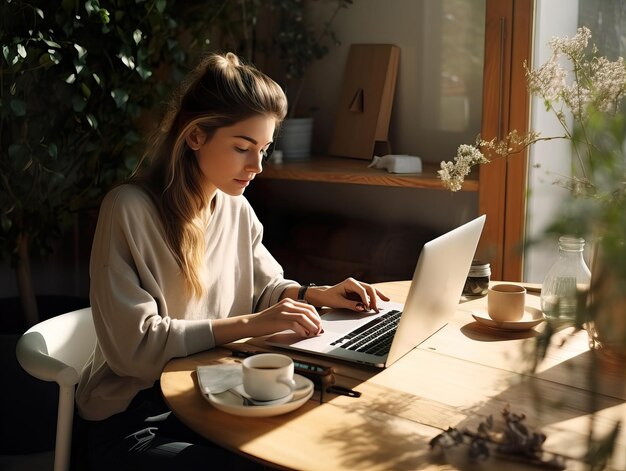 Vrouw die een online bedrijf start, jonge Europese dame die met haar laptop werkt in een modern kantoor