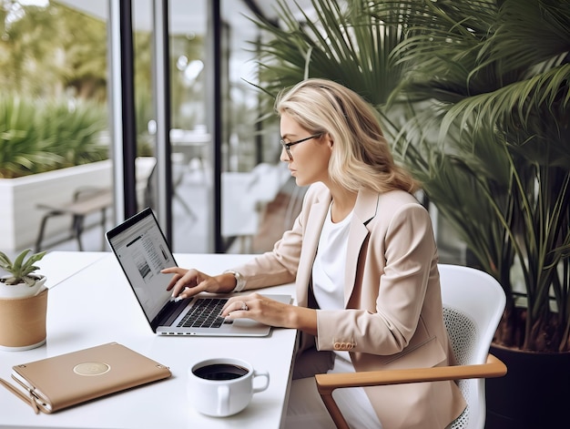 Vrouw die een online bedrijf start, jonge Europese dame die met haar laptop werkt in een modern kantoor
