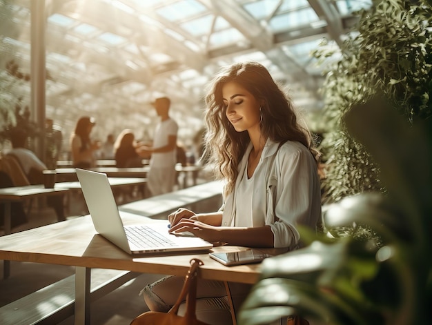 Vrouw die een online bedrijf start, jonge Europese dame die met haar laptop werkt in een modern kantoor