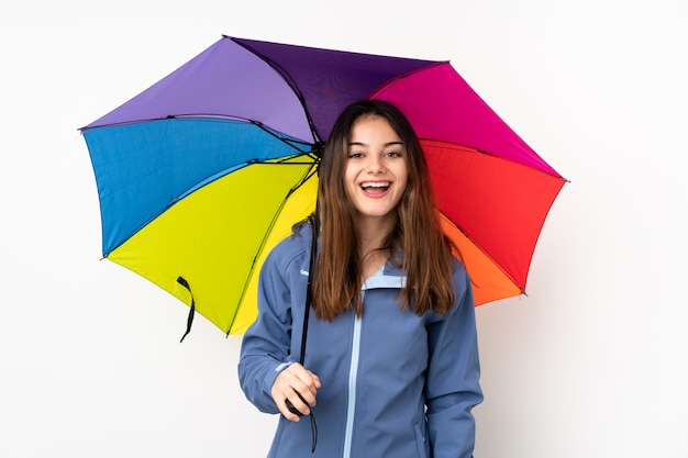 Vrouw die een paraplu houdt die op witte muur met verrassingsgelaatsuitdrukking wordt geïsoleerd