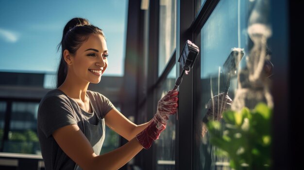 Vrouw die een raam in het huis wast