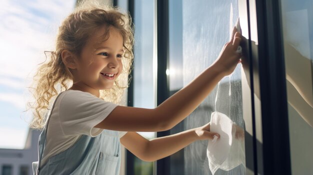 Vrouw die een raam in het huis wast
