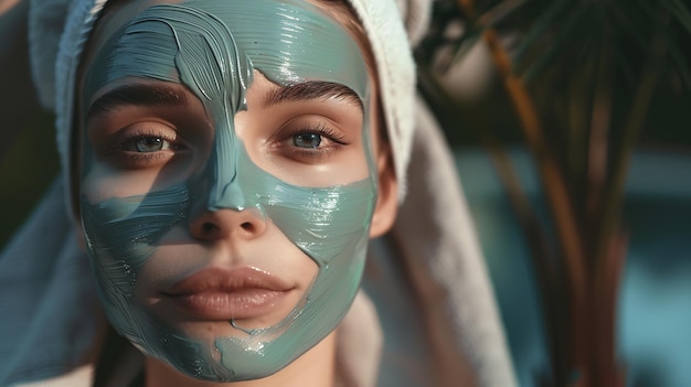 Vrouw die een spa aanbrengt Gezichtsmasker van klei Schoonheidsbehandelingen Close-up portret van een prachtige Generatieve AI