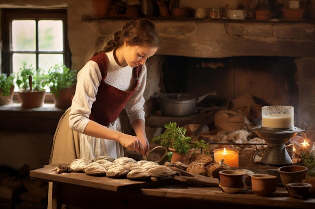 Foto vrouw die een taart bakt in een rustieke keuken