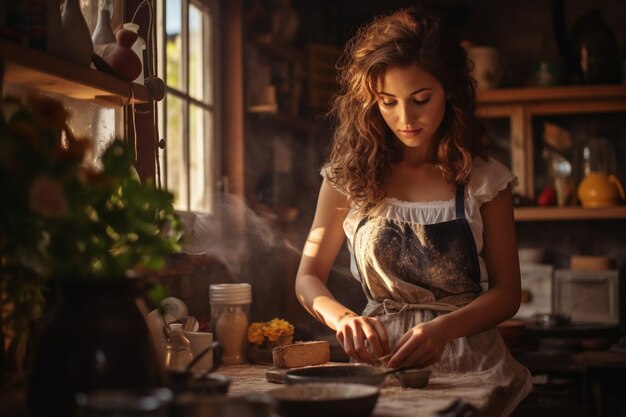 Foto vrouw die een taart bakt in een rustieke keuken