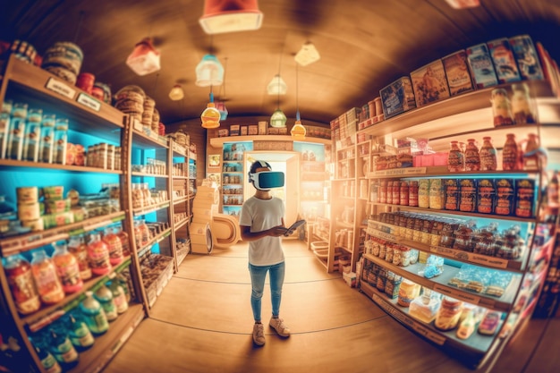 Vrouw die een virtual reality-headset draagt die in de supermarkt winkelt generatieve ai