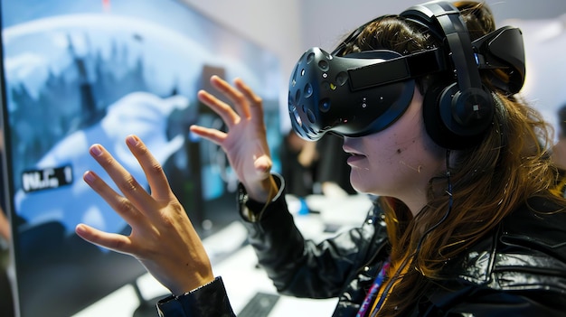 Vrouw die een virtual reality headset draagt en een virtuele wereld ervaart