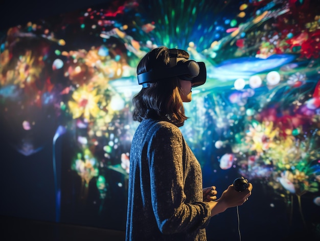 Vrouw die een virtual reality-headset gebruikt en rondkijkt op een interactieve technologietentoonstelling met veelkleurige projectorverlichting