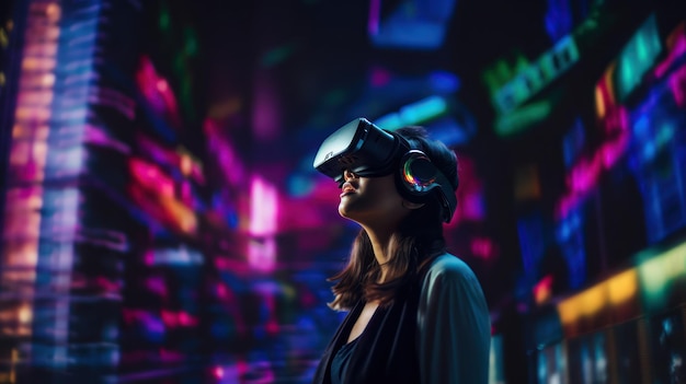 Vrouw die een VR-bril draagt en met virtuele realiteit interageert