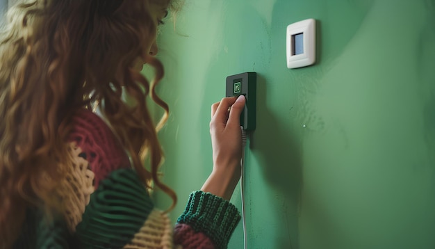 Vrouw die een zwarte WiFi-repeater in een elektrische stopcontact op een groene muur steekt