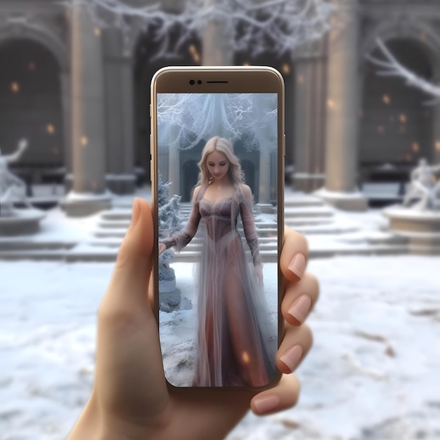 Vrouw die foto neemt van sneeuwval met mobiele telefoon