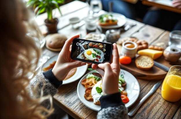 Foto vrouw die foto's maakt van breakfas content creators