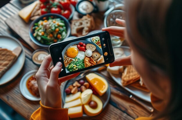 Foto vrouw die foto's maakt van breakfas content creators