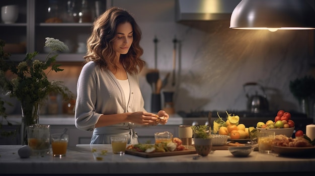 Vrouw die fris smoothie maakt in de keuken thuis.