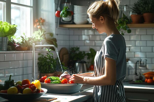 Vrouw die frisse groenten schoonmaakt in de zon Generatieve Ai