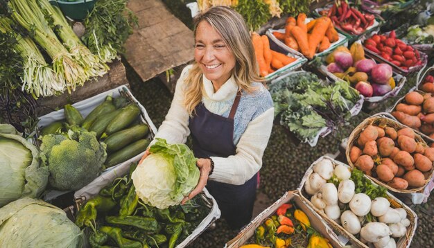 Foto vrouw die fruit en groenten koopt op een openluchtmarkt