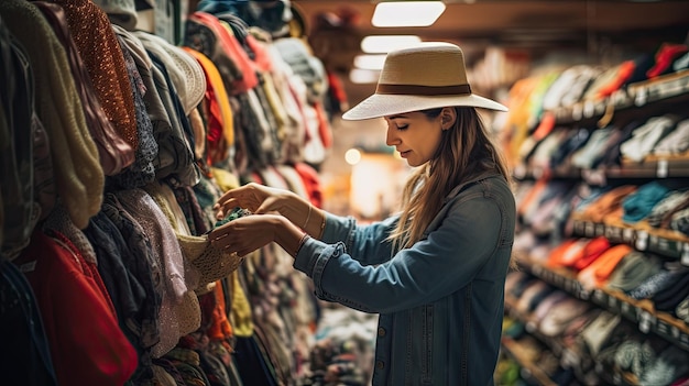 Foto vrouw die gerecyclede kleding ecologische duurzaamheid koopt