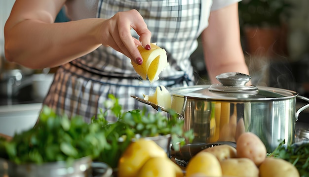 Vrouw die geschilde aardappelen in een pot op tafel in de keuken zet