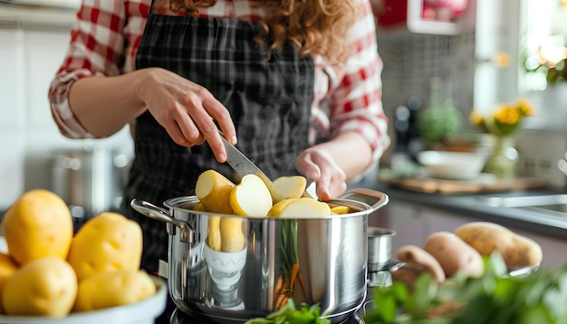 Vrouw die geschilde aardappelen in een pot op tafel in de keuken zet