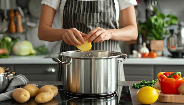 Vrouw die geschilde aardappelen in een pot op tafel in de keuken zet