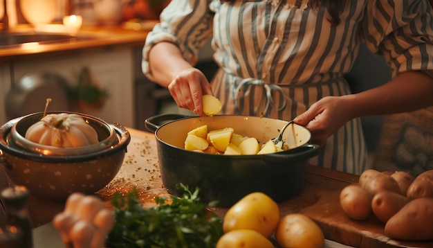 Vrouw die geschilde aardappelen in een pot op tafel in de keuken zet