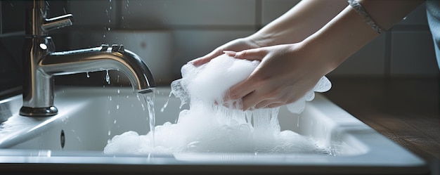 Vrouw die gootsteen en schone handen schoonmaakt