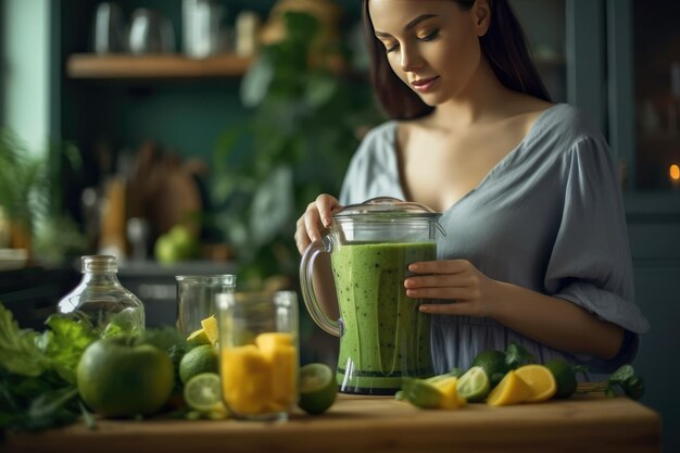 Foto vrouw die groene smoothie bereidt in blenderxa