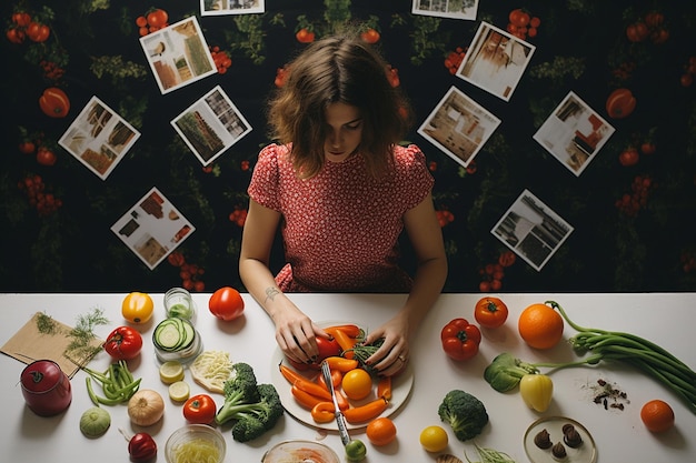 Foto vrouw die haar eigen plantaardig dieetplan maakt generatieve ai