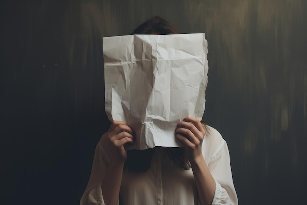 Vrouw die haar gezicht verbergt achter gerimpeld papier op donkere achtergrond Een anonieme vrouw die haar gezicht bedekt met papier AI gegenereerd