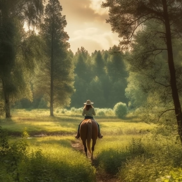 vrouw die haar paard in het bos berijdt