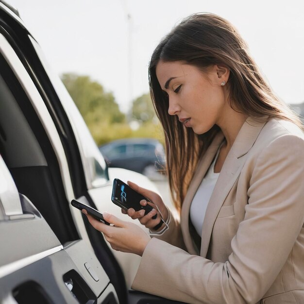 Vrouw die haar telefoon oplaadt in de auto.