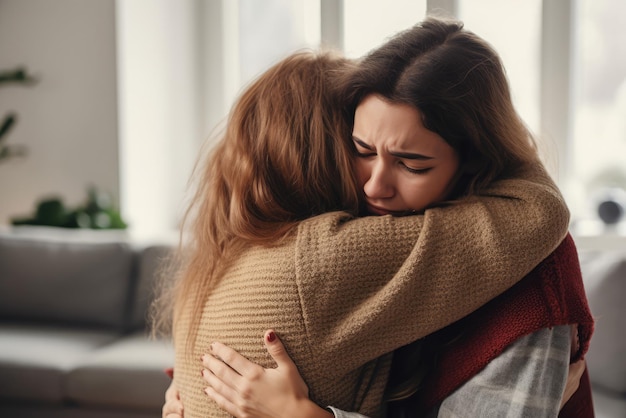 Foto vrouw die haar vriendin omhelst die lijdt aan depressie en angst