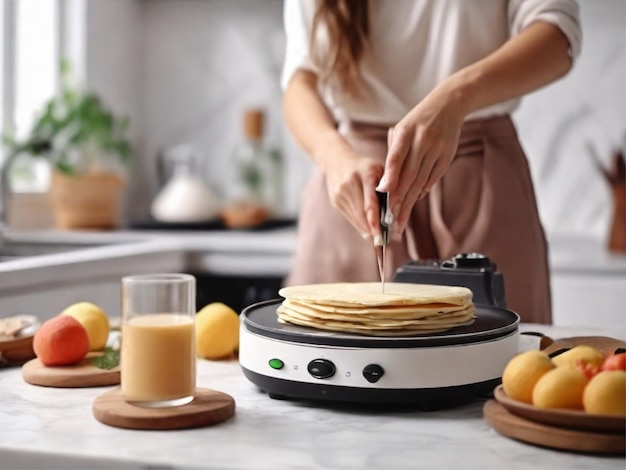 vrouw die heerlijke crêpes kookt op een elektrische pannenkoekmachine bij een witte marmeren tafel in de keuken close-up