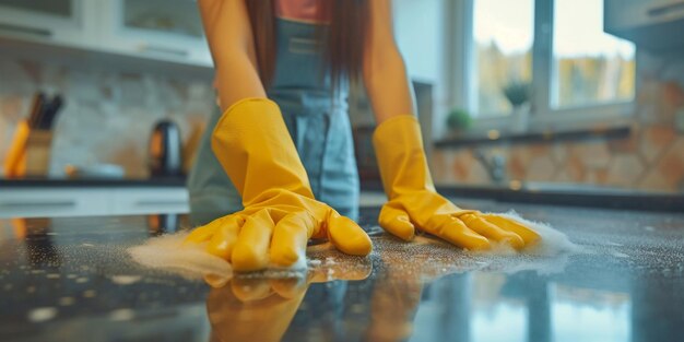 vrouw die het huis schoonmaakt met handschoenen Generatieve AI