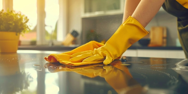 vrouw die het huis schoonmaakt met handschoenen Generatieve AI