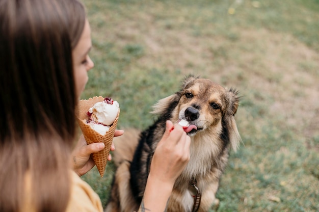 Vrouw die ijs geeft aan haar hond