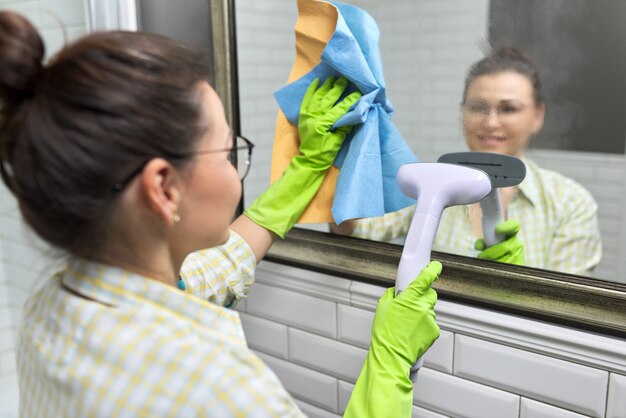 Vrouw die in de badkamer schoonmaakt met een stofzuiger, zonder gebruik van huishoudelijke chemicaliën. Close-up van gehandschoende handen met stoom in de spiegel, milieuvriendelijke reiniging