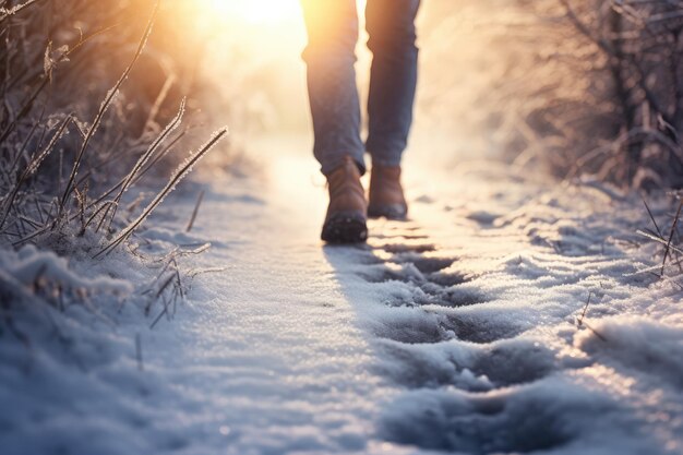 Vrouw die in de mistige natuur staat met verse voetafdrukken in de sneeuw