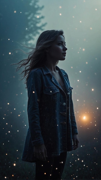 Vrouw die in de winternacht op een houten platform naar de sterrenhemel kijkt