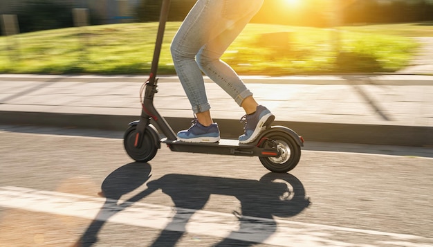 vrouw die in de zomer een zwarte elektrische step berijdt in het stadsbeeld, bewegingsonscherpte