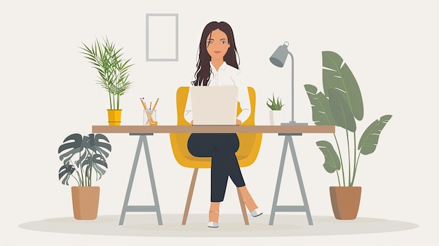 Vrouw die in een groot kantoor werkt, minimalistisch, fansy stijl illustratie, witte achtergrond, ar 169 stijl